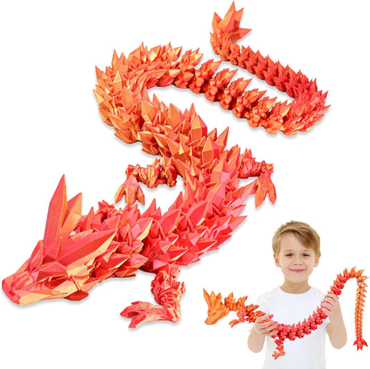 Large 30in 3D Printed Dragon Articulated Red Gold Toy