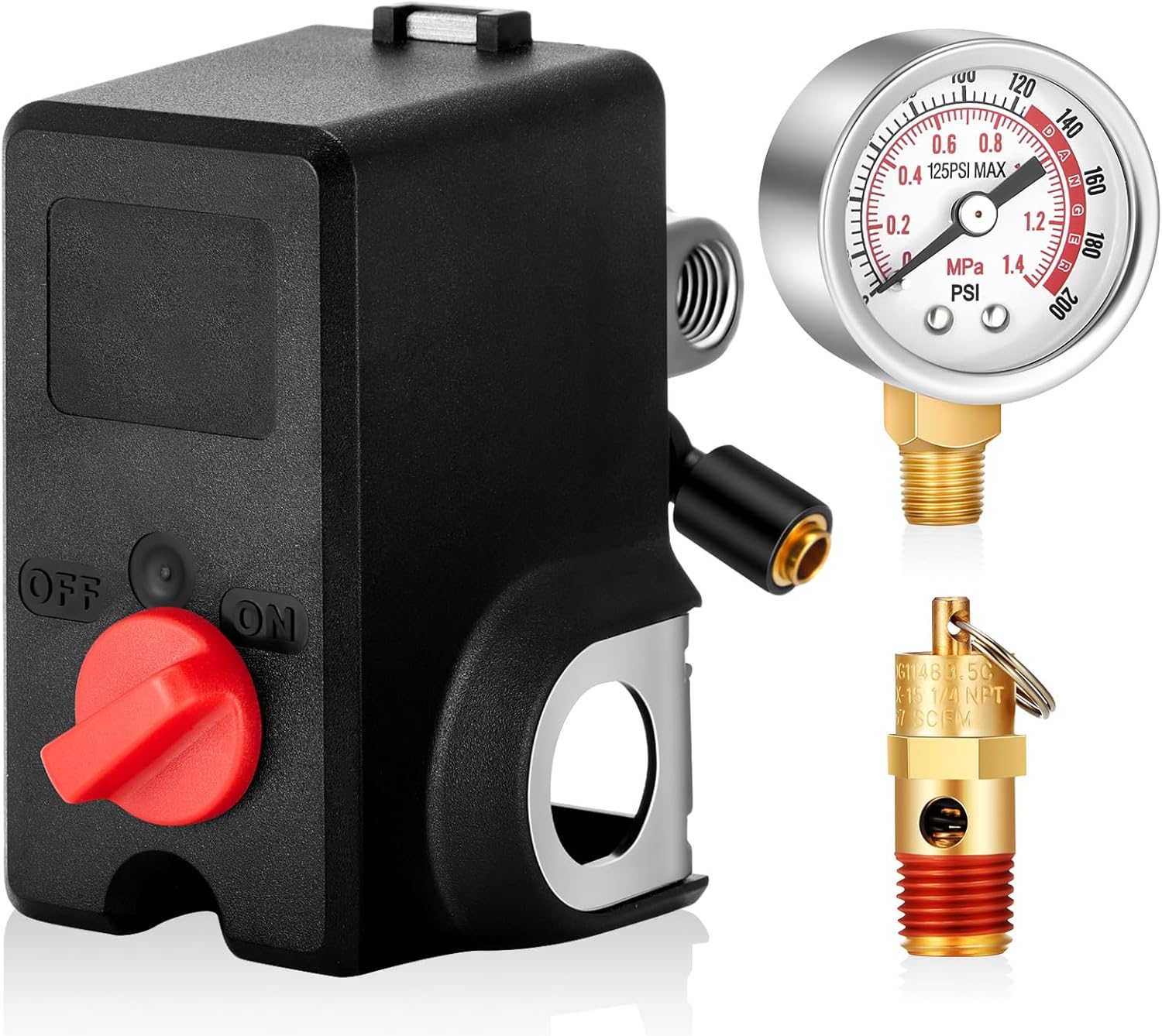 Relaxweex Air Compressor Switch 26A 120/240V 120-155 PSI Gauge + Safety Valve