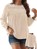 Womens Boho Long Sleeve Swiss Dot Crochet Top - Romantic Crewneck