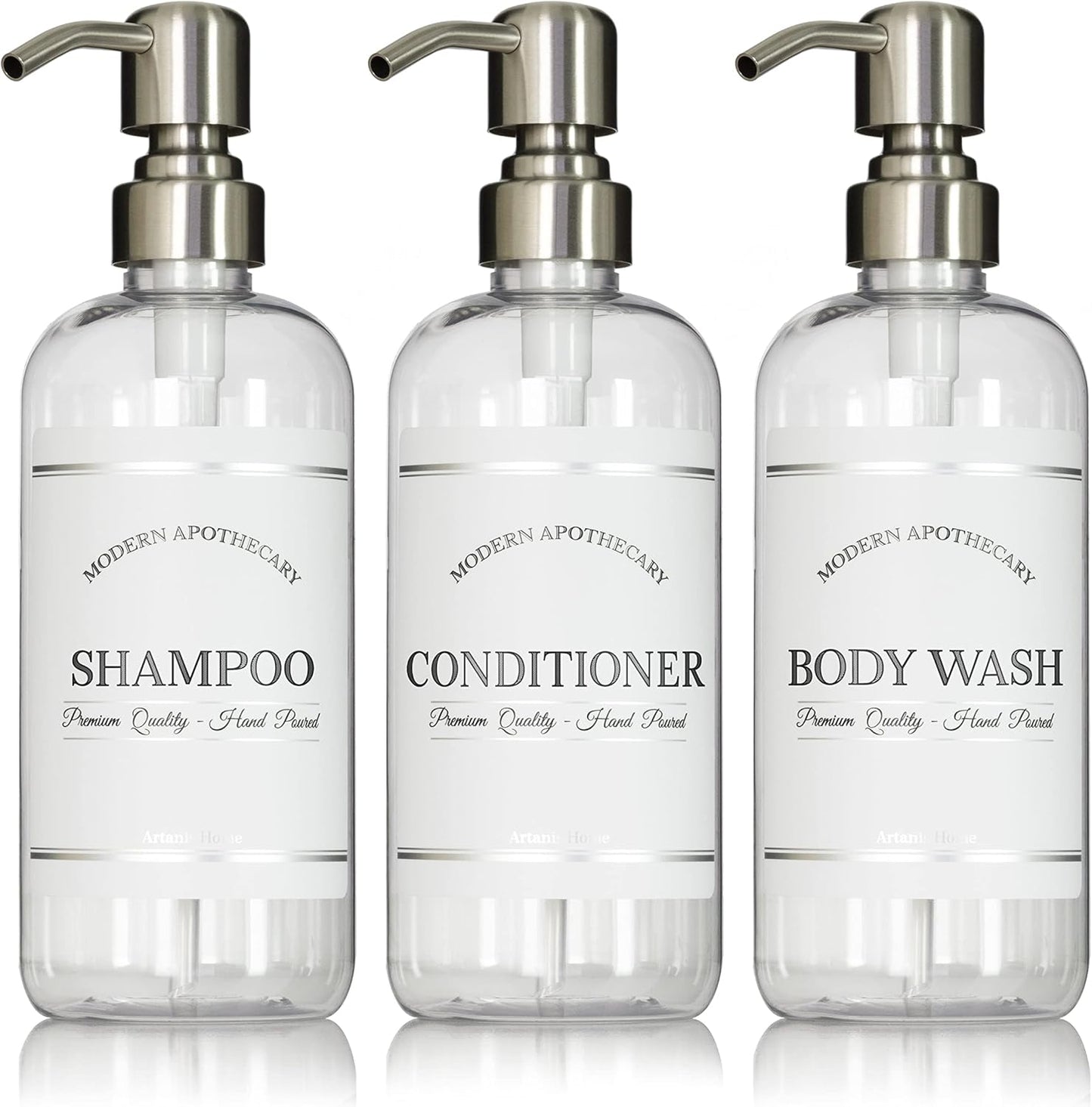 Refillable Shampoo Bottles Trio - Waterproof Labels - Stainless Steel Pump - 16 oz - 3 Pack