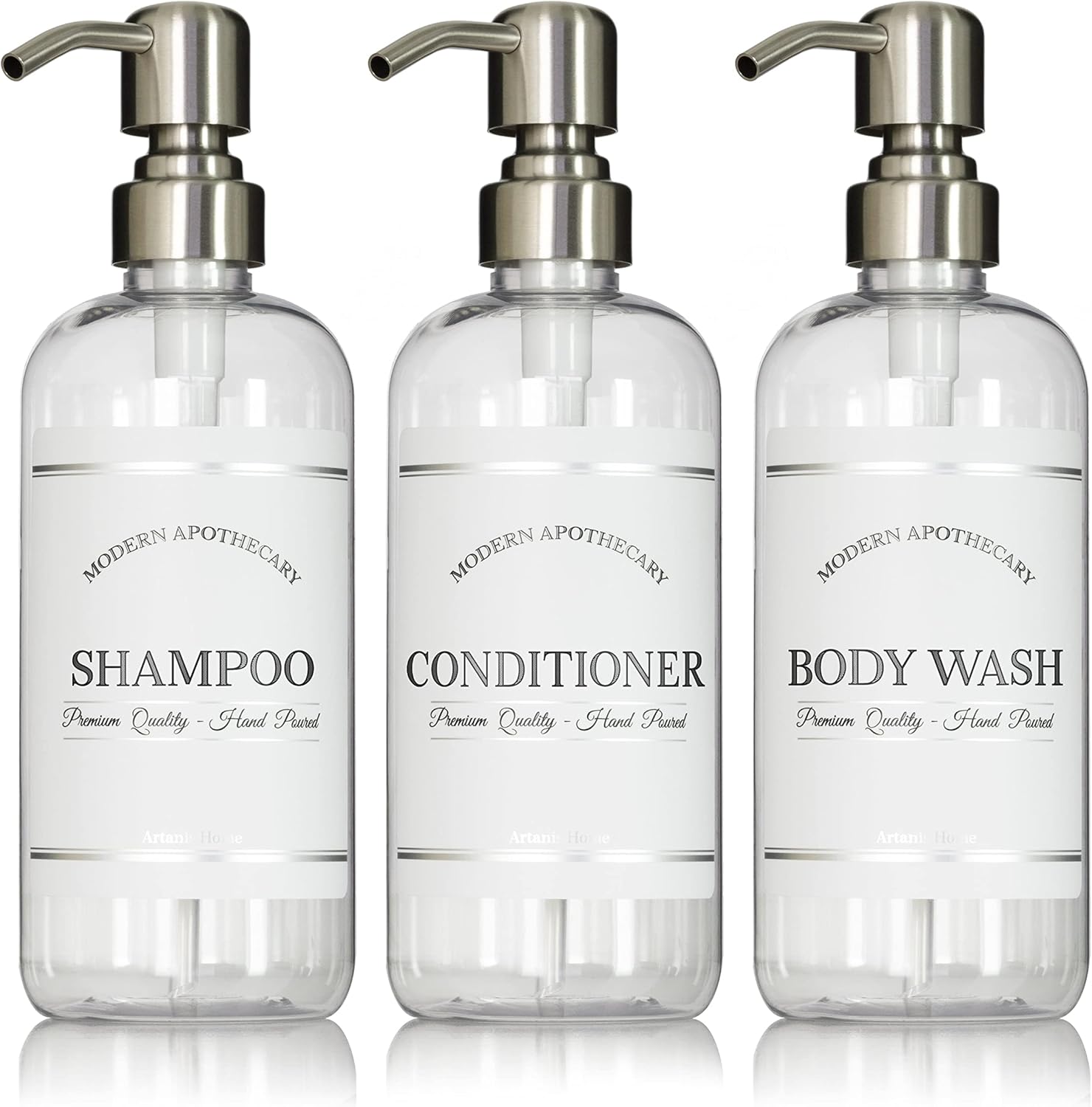 Refillable Shampoo Bottles Trio - Waterproof Labels - Stainless Steel Pump - 16 oz - 3 Pack