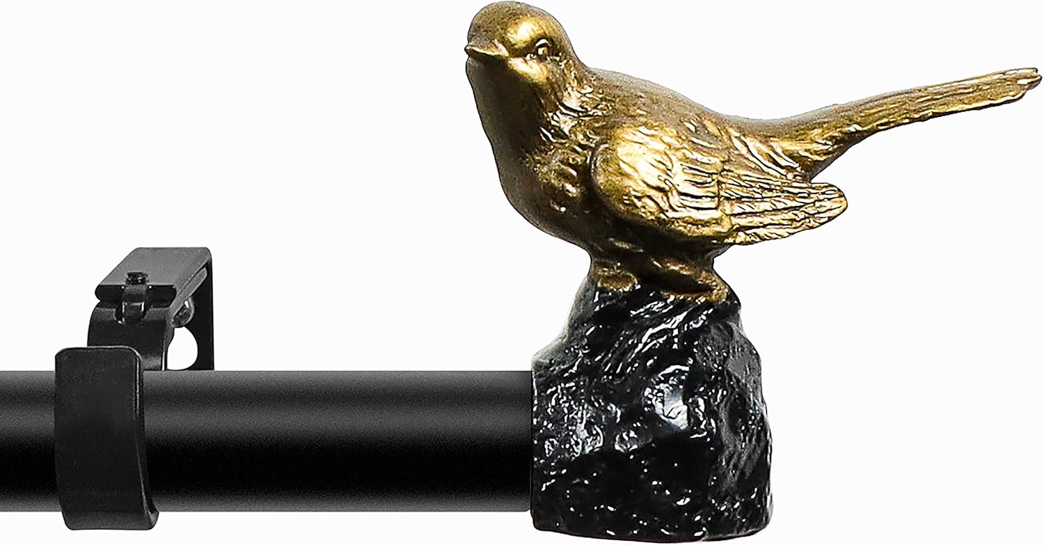 MERIVILLE 1-Inch Curtain Rod, Renaissance Gold Bird Finials, 48-84-Inch Black Rod