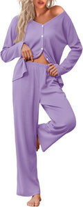 Ekouaer Waffle Knit Pajamas Two-Piece Set - Soft Everyday Loungewear