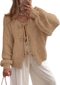 Women's Tie Front Bow Cardigan Sweater - Chunky Cable Knit Puff
