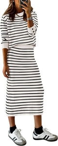 Women's Striped Sweater Skirt Set - Cozy Fall 2-Piece Outfit