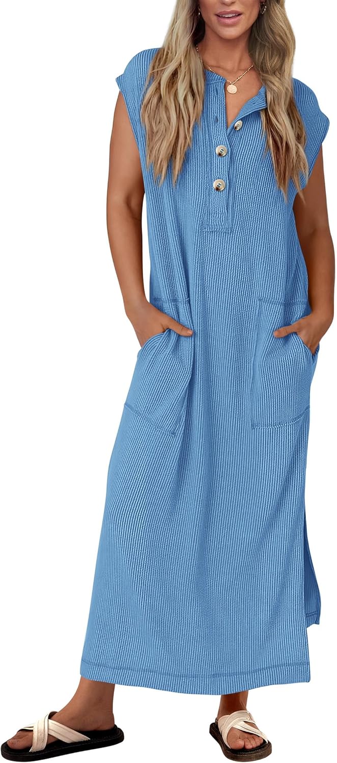 KIRUNDO Womens Summer Dresses Ribbed Knit Henley Maxi Dress