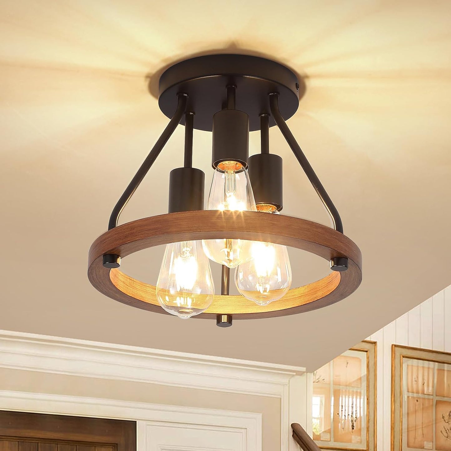 Modern Farmhouse Wood Semi Flush Mount Ceiling Light Fixture