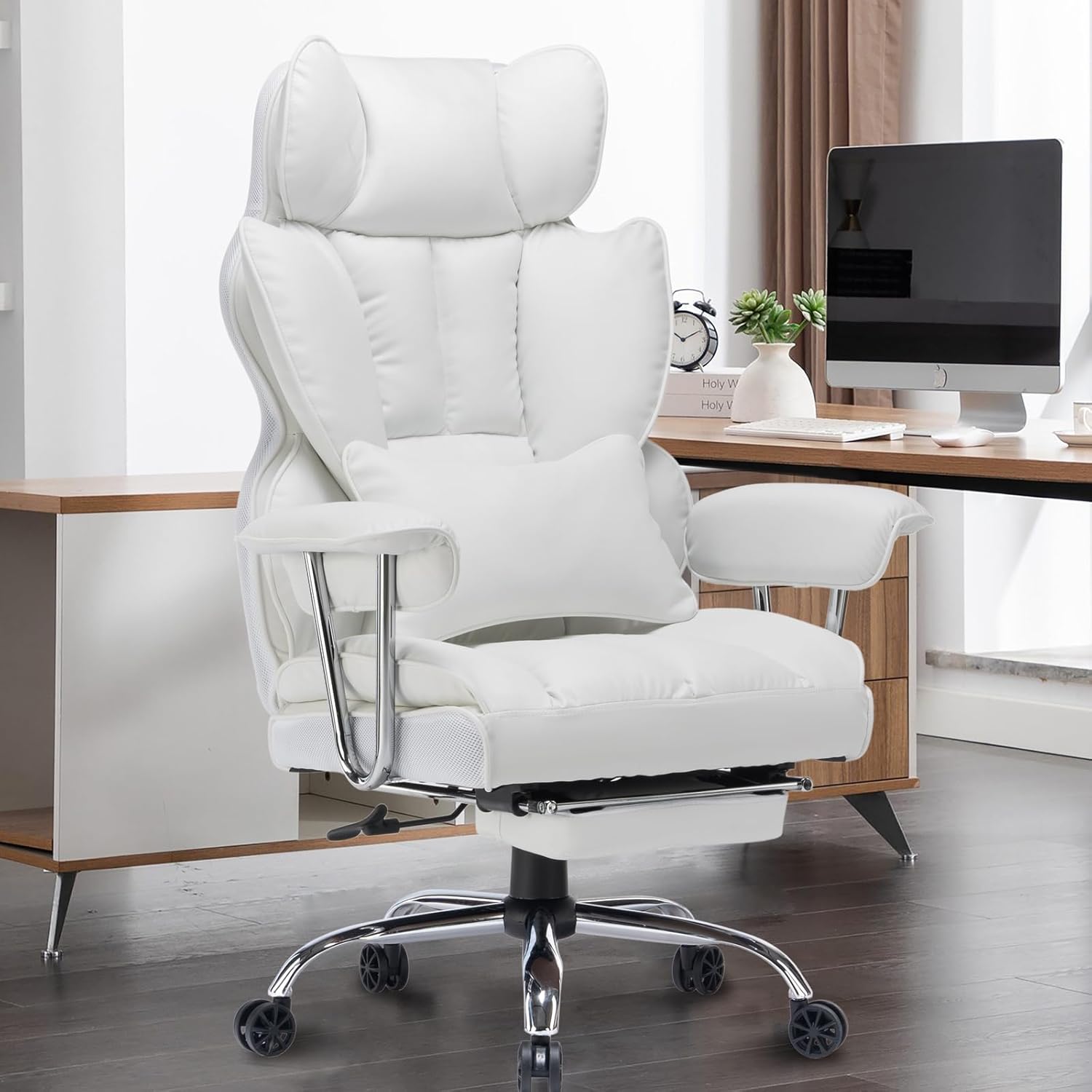 400LBS White Office Chair with Leg Rest