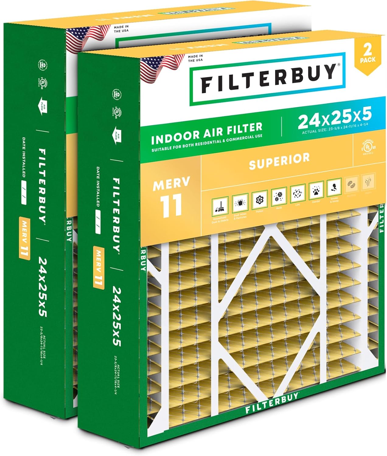 Filterbuy 24x25x5 Air Filter MERV 11 for Pets and Allergies
