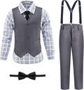 Grey Boys Suit with Plaid Shirt and Suspenders - Adjustable Fit