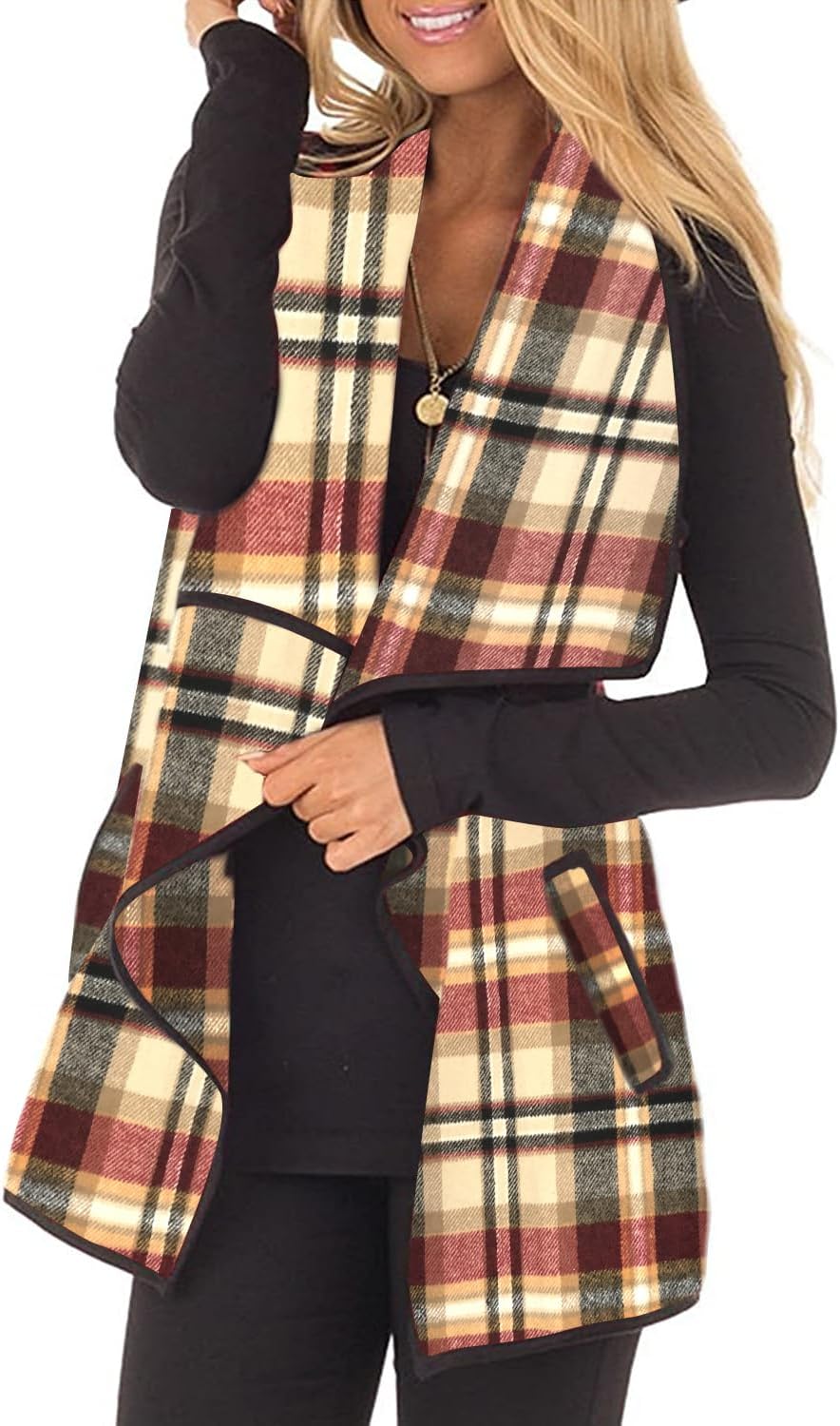 Unidear Womens Buffalo Plaid Vest Casual Open Front Cardigan