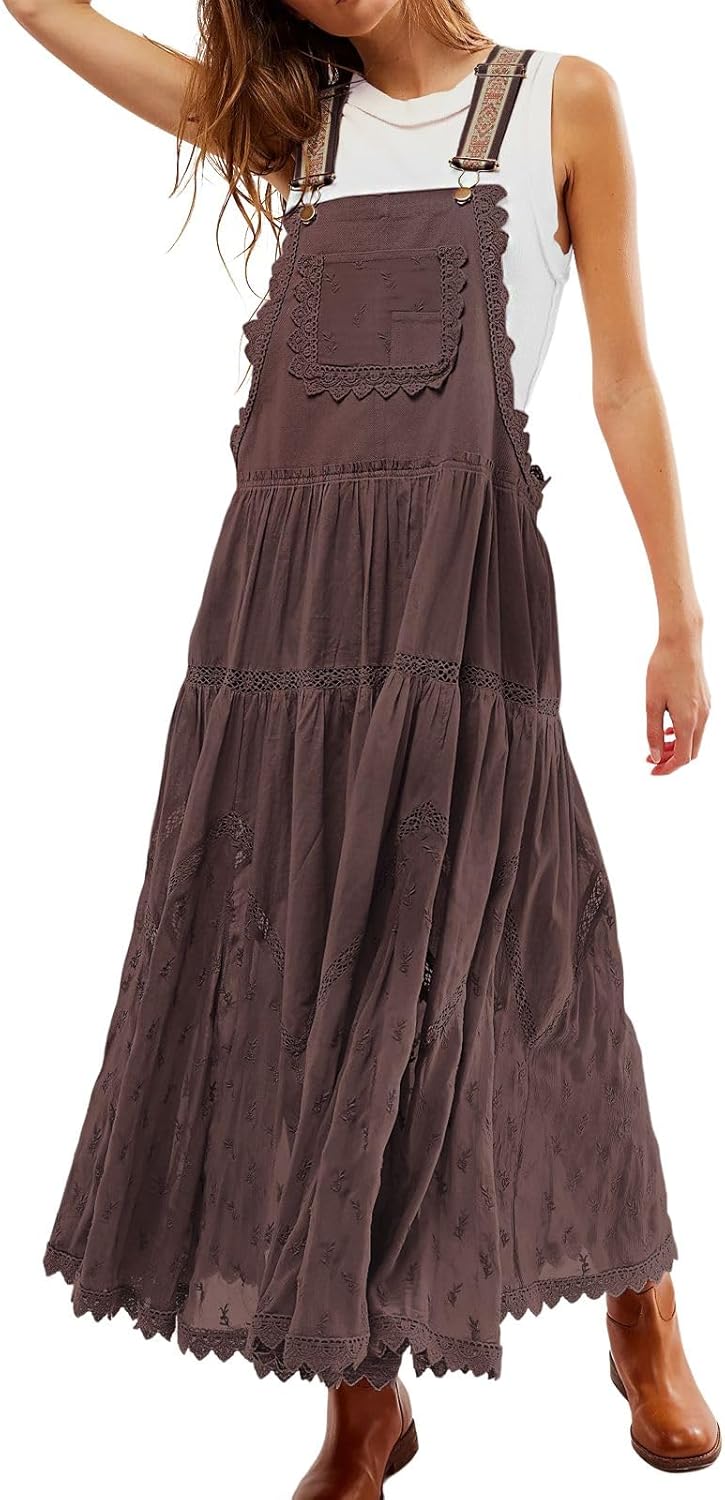 Women's Casual Lace Embroidered Maxi Dress with Pockets