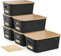 Plastic Storage Bins with Bamboo Lid - Stackable 6 Pack
