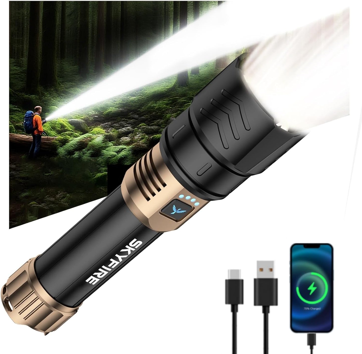 SKYFIRE LED Flashlight 2000 Lumens Rechargeable Tactical Light