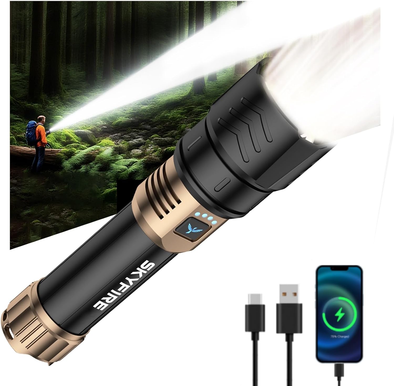 SKYFIRE LED Flashlight 2000 Lumens Rechargeable Tactical Light