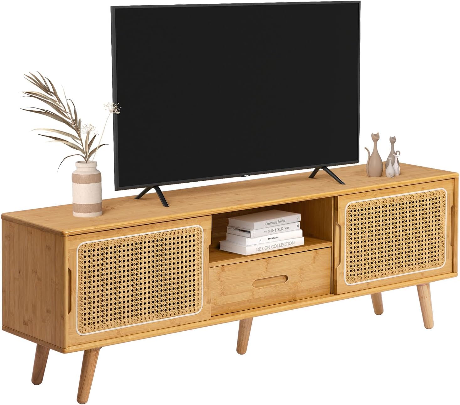 Bamboo TV Stand with Storage for TVs up to 65 in Modern Style
