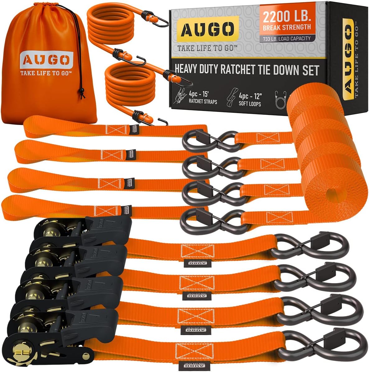 AUGO Heavy Duty Ratchet Straps 15 Ft - 2200 LB Break Strength