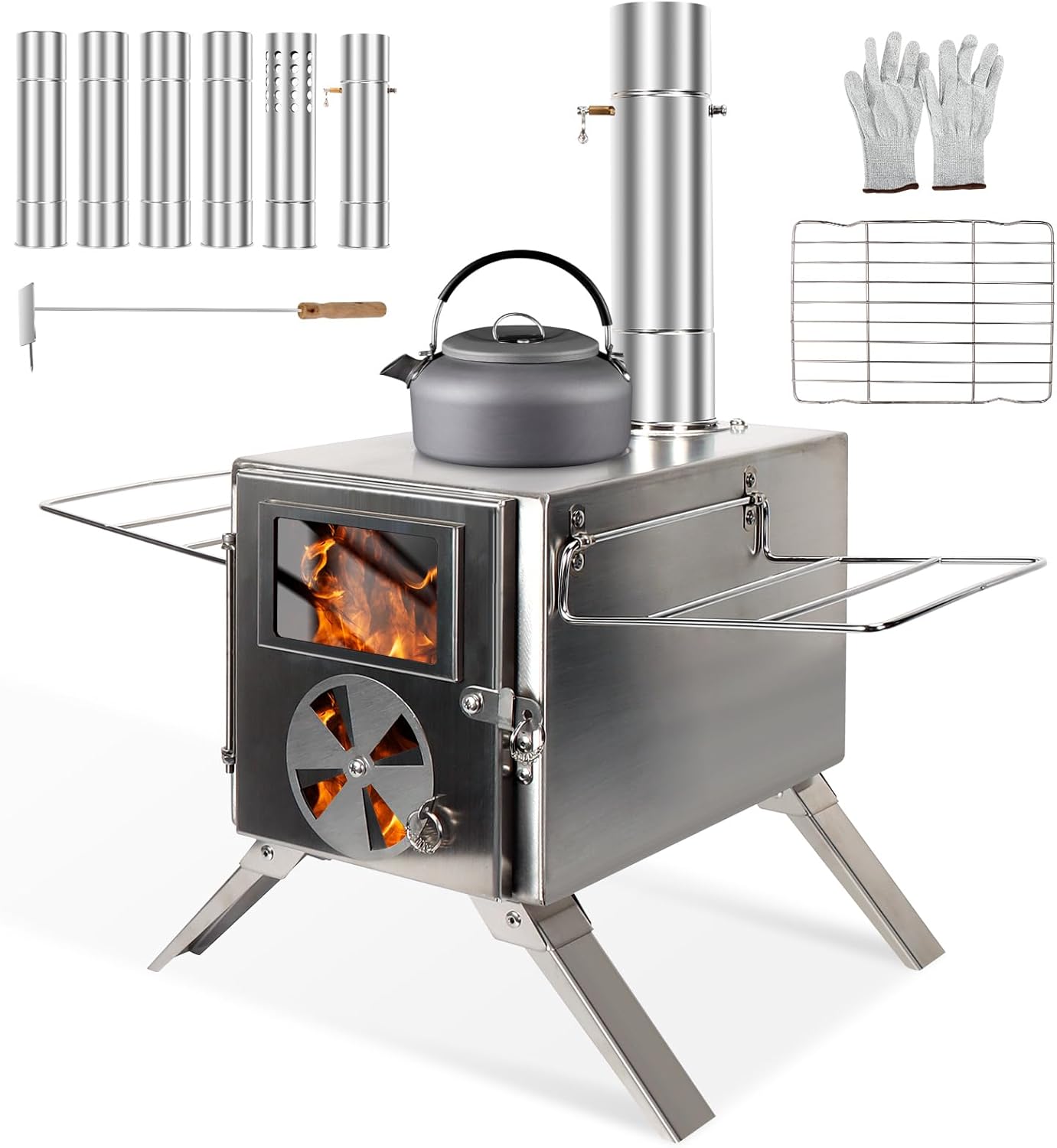 Portable Stainless Steel Camping Stove with 6 Chimney Pipes for Outdoor Cooking