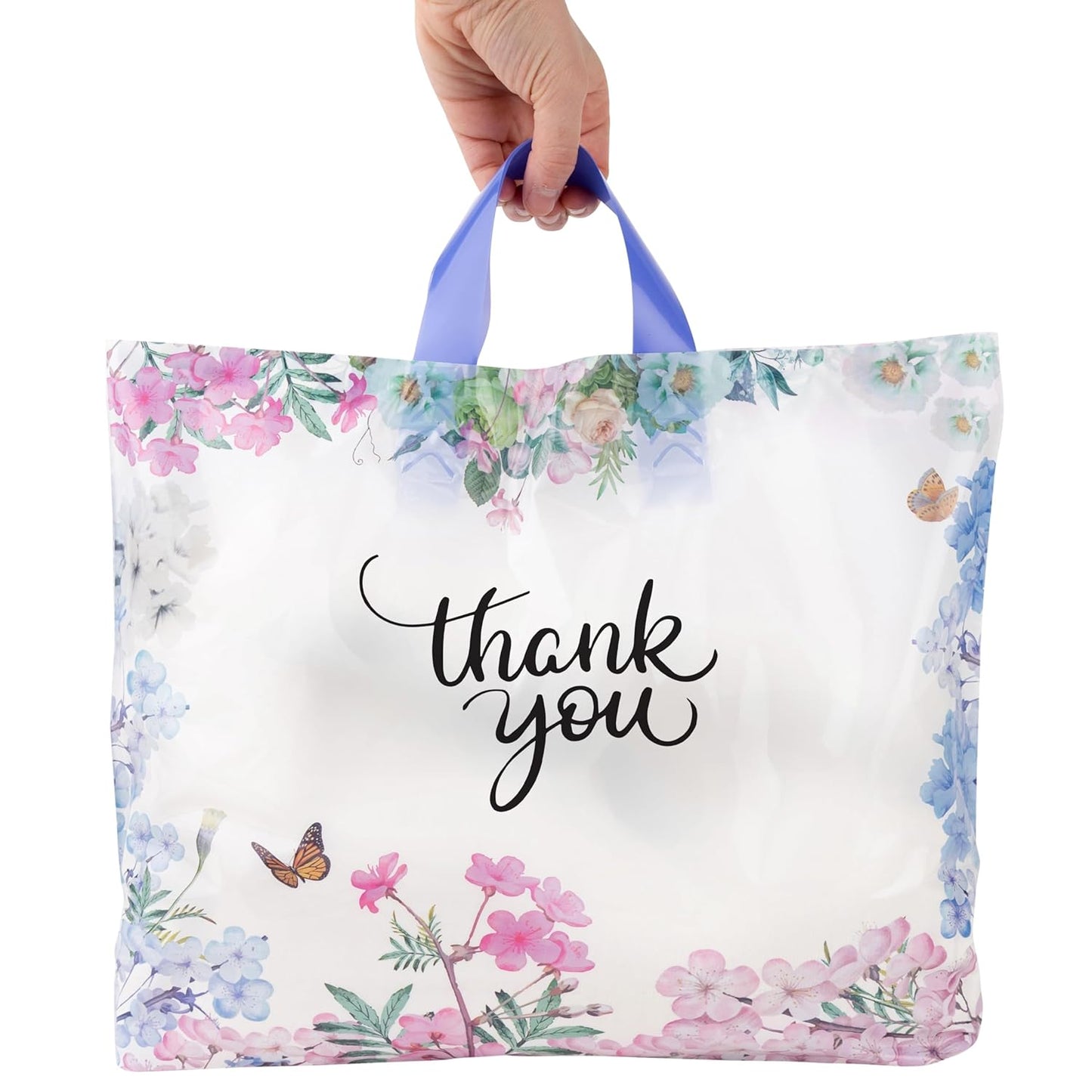 Floral Thank You Plastic Bags 100 Pack for Boutique Use