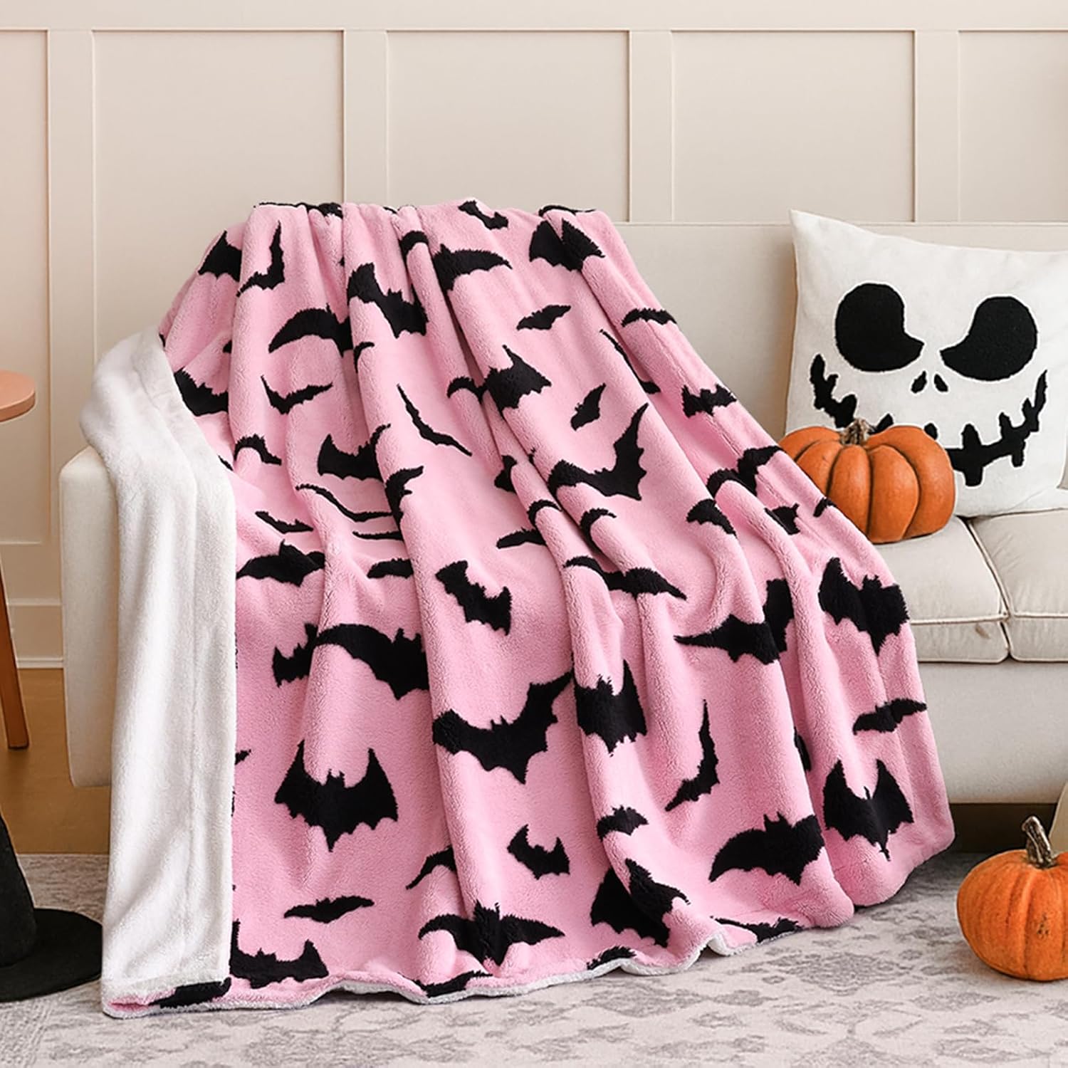 Cute Pink Bat Halloween Throw Blanket for Cozy Decor