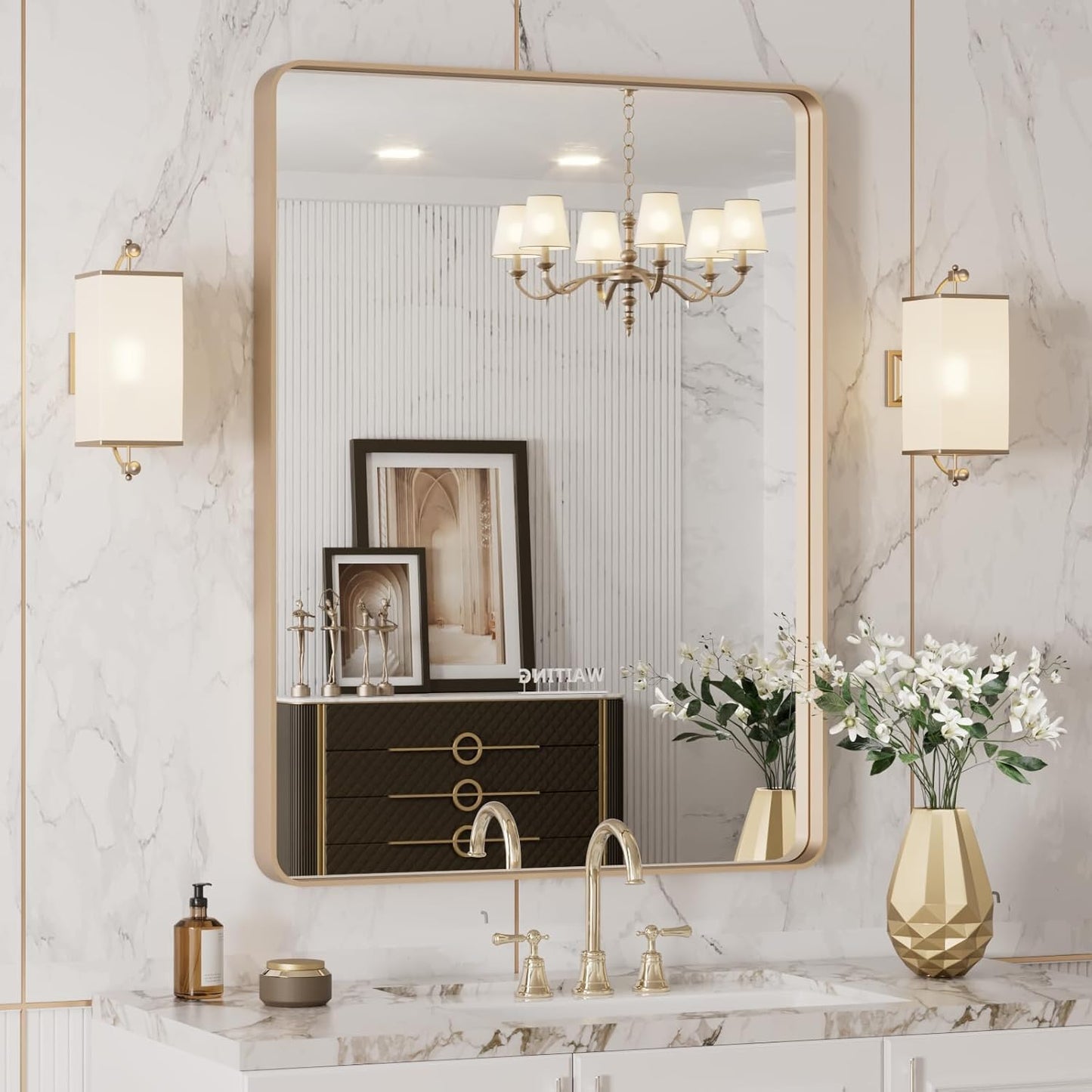 24X32 Gold Bathroom Mirror with Rounded Rectangle Frame Design