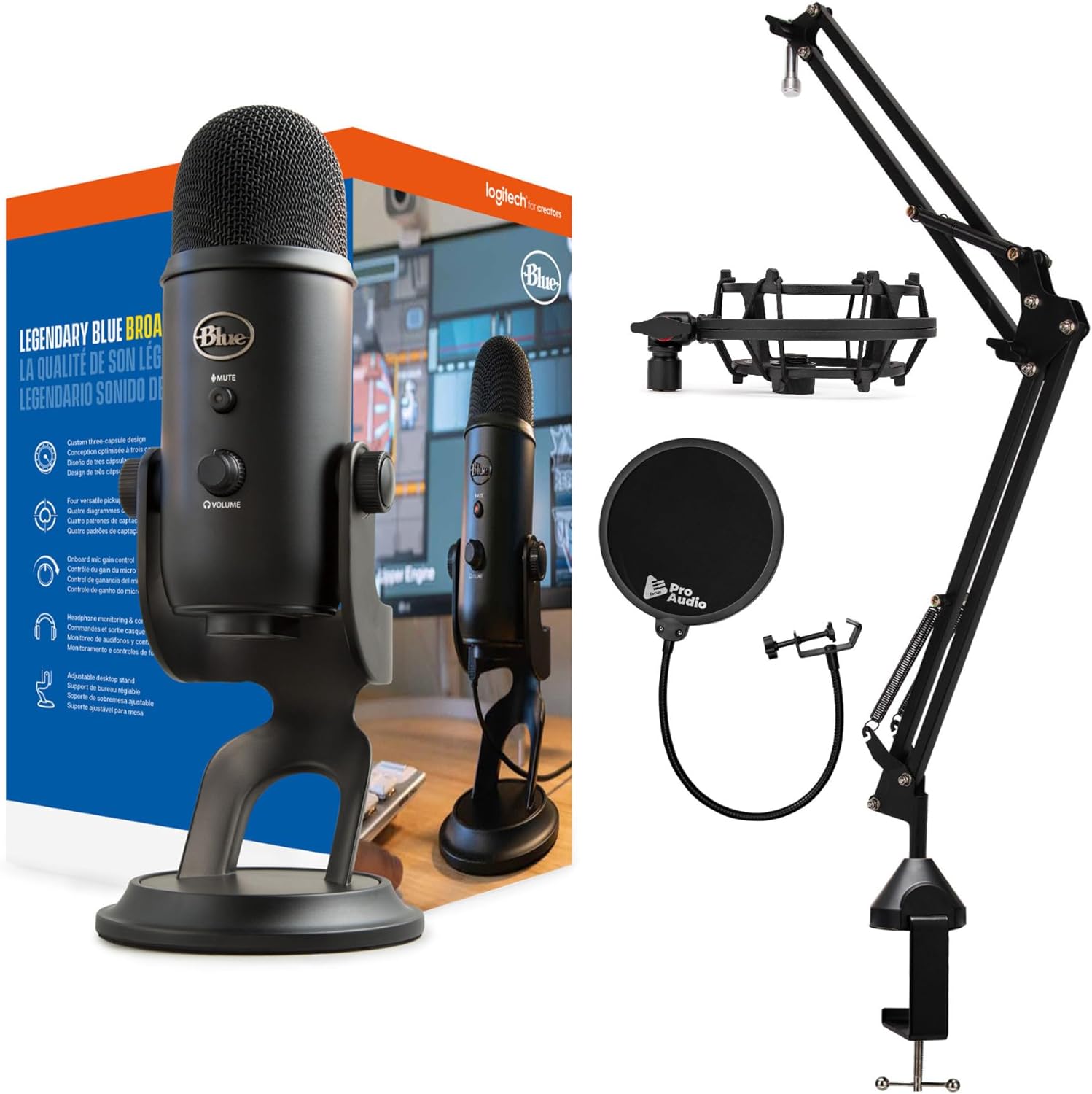 Blue Yeti Microphone Bundle with Boom Arm and Pop Filter