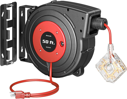 DEWENWILS 50FT Extension Cord Reel with 6 Outlets and Breaker