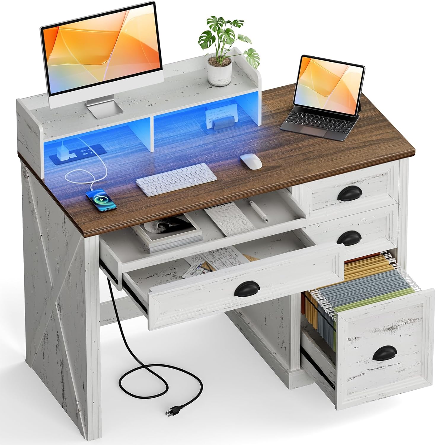 Lareth 47 Farmhouse Desk with LED Lights & Storage
