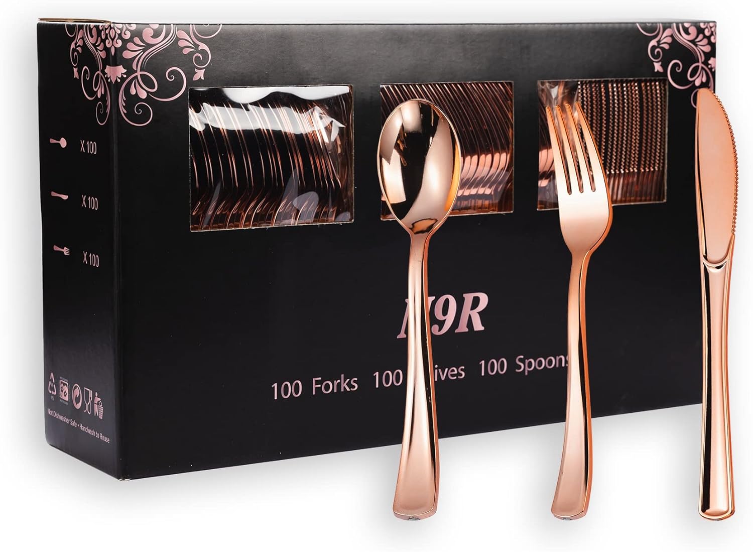 300PCS Rose Gold Plastic Silverware Set for Elegant Parties