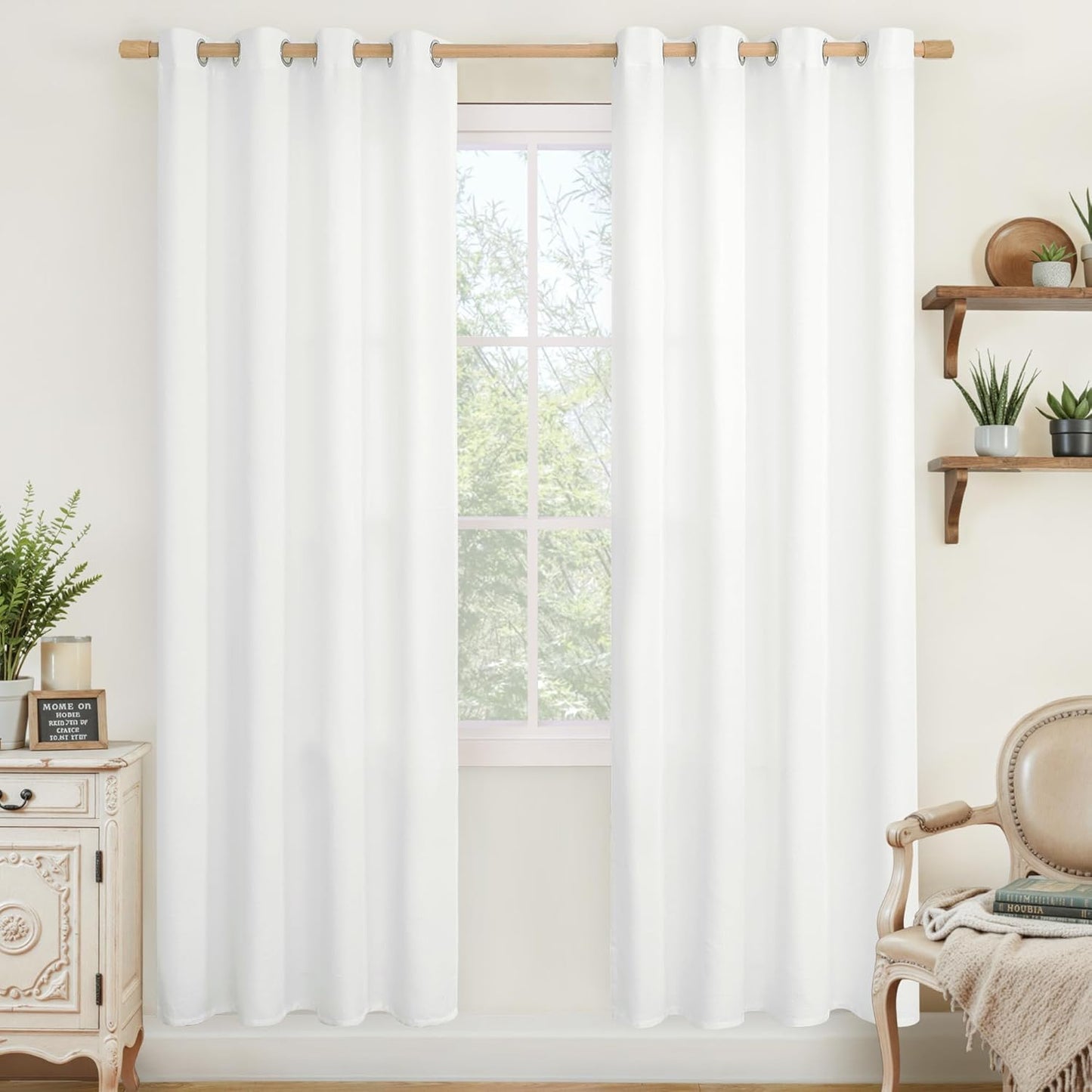 LAMIT White Linen Curtains for Living Room, 80 inches Long