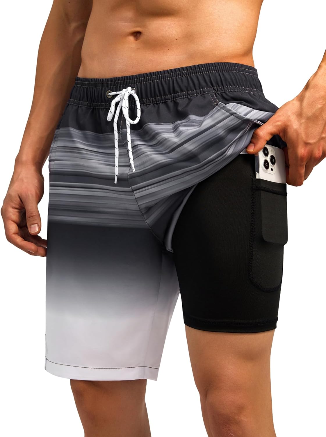 SILKWORLD Mens Swim Trunks with Compression Liner for Comfort