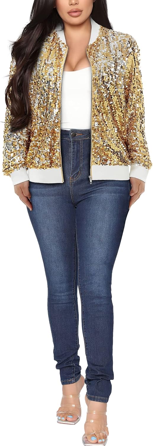 Womens Long Sleeve Sequin Open Front Zipper Jacket for Style