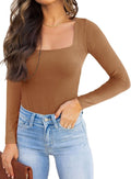 REORIA Womens Square Neck Long Sleeve Bodysuit - Slim, Double Lined