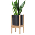 8 in Planter Pot with Stand - Matte Black Cylinder Pot with Wood Stand