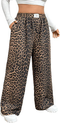 Women's Letter Leopard Print Straight Leg Pants Elastic Waist - Casual