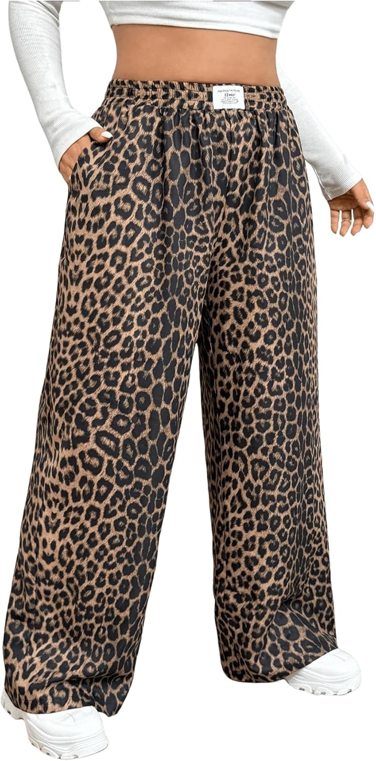 Women's Leopard Print Straight Leg Pants with Elastic Waist