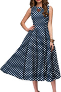 Women's Vintage Polka Dot & Floral Cocktail Dress - Sleeveless O-Neck