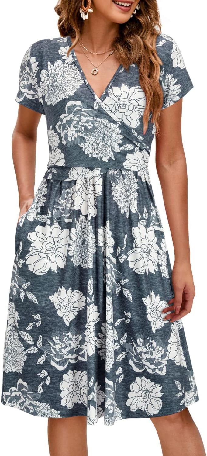 OUGES Women's V Neck Midi Dress with Pockets for Maternity