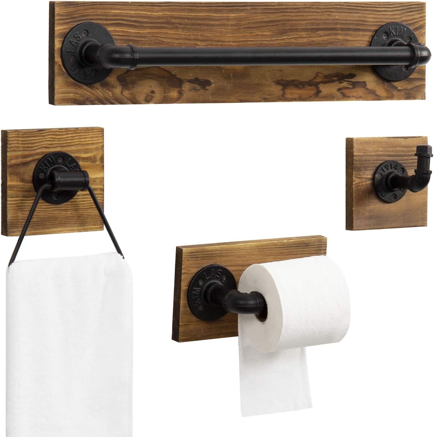 MyGift 4-Piece Bathroom Hardware Set with Rustic Burnt Wood