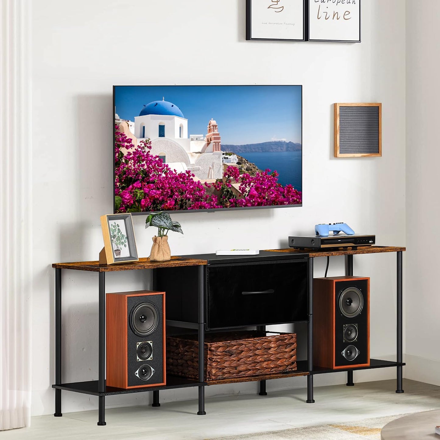 Rustic TV Stand with Fabric Drawer - Organize Stylishly