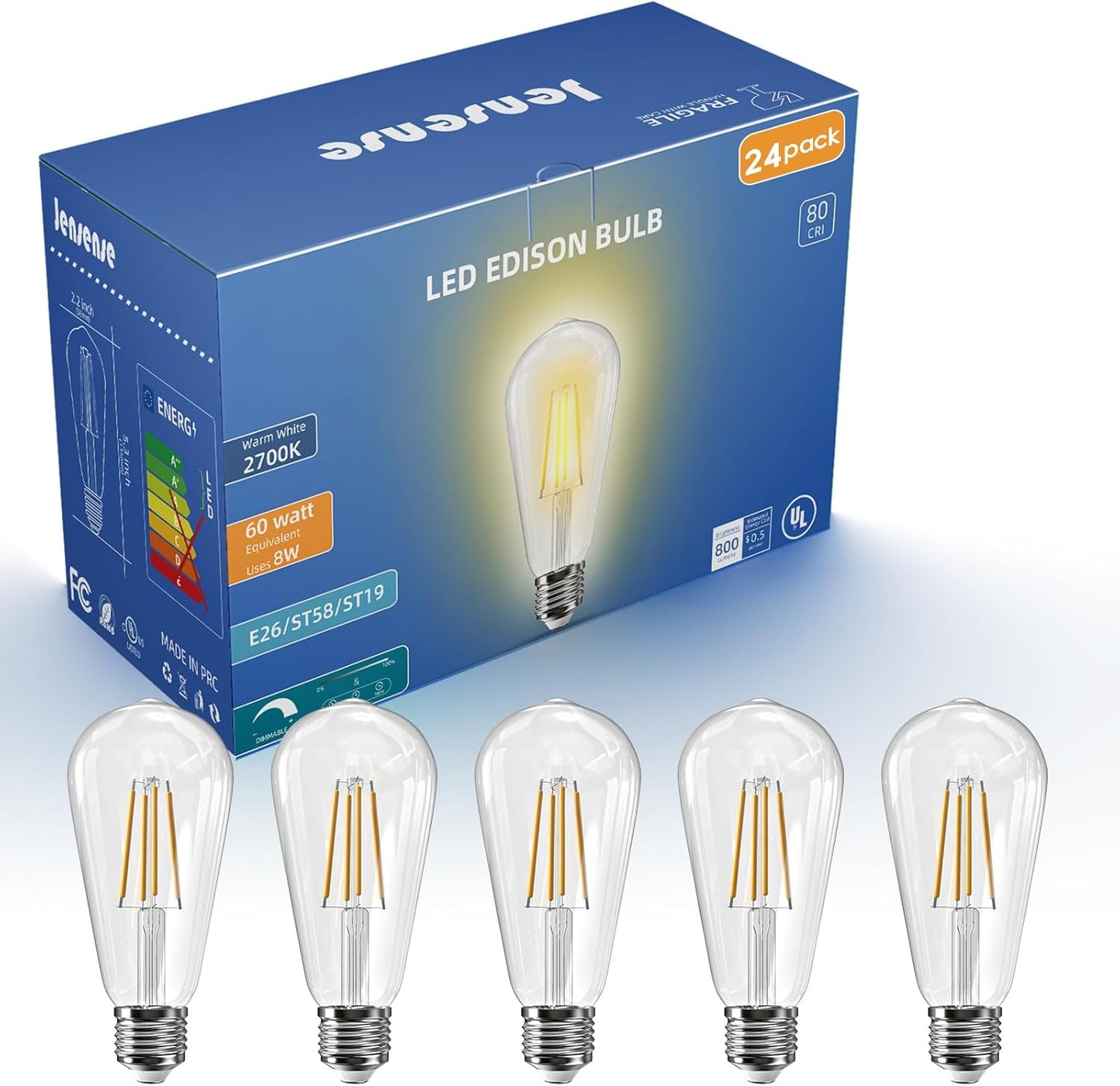 Edison LED Light Bulbs 8W Dimmable Vintage Style 24 Pack