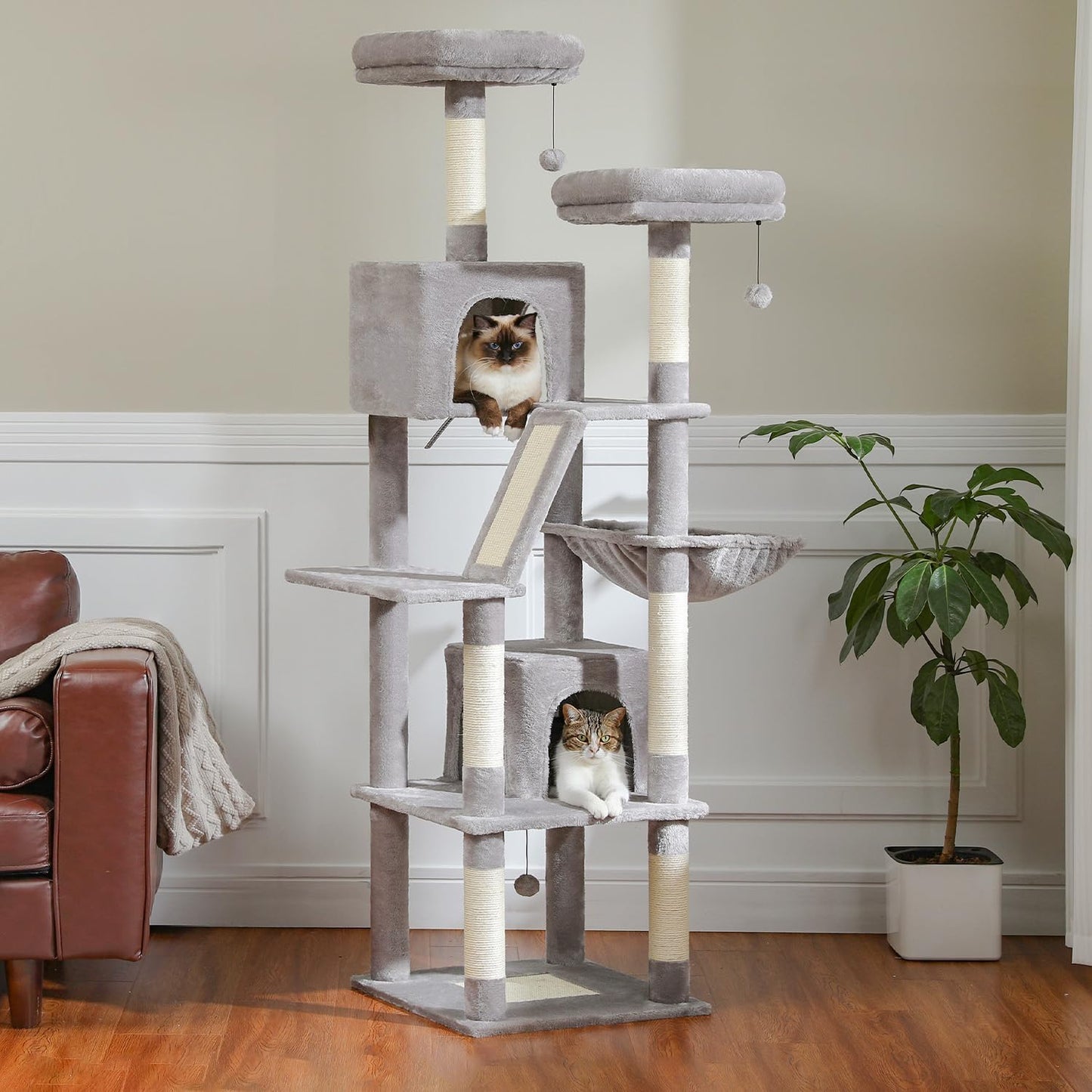 PAWZ Road 70 Inch Cat Tower with Cozy Condos and Scratching Posts