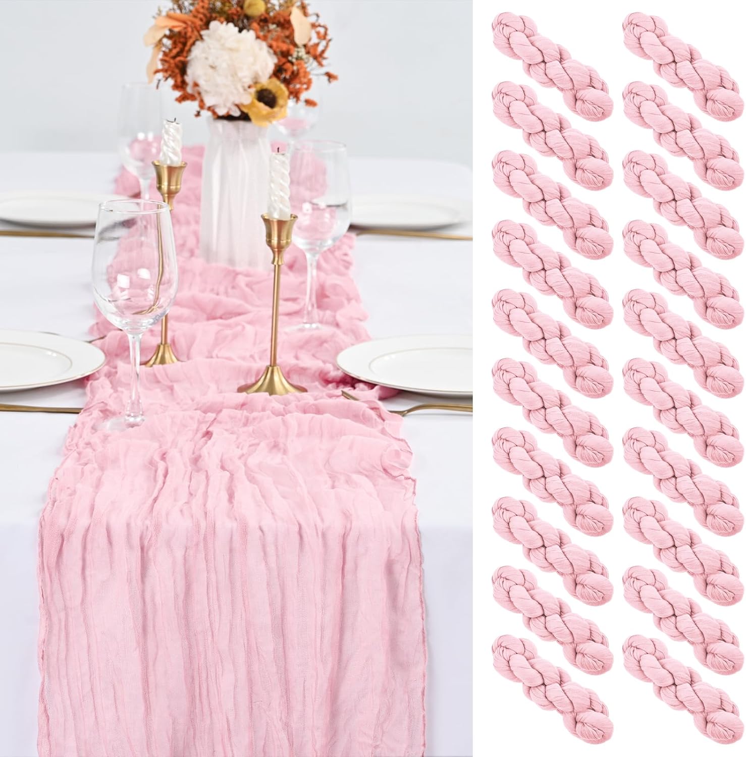20 Pack Pink Table Runner for Weddings and Parties - 10Ft Long