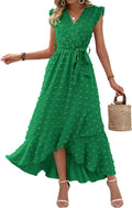 Women V Neck Summer Dress Swiss Dot Maxi - Ruffle Wrap Boho