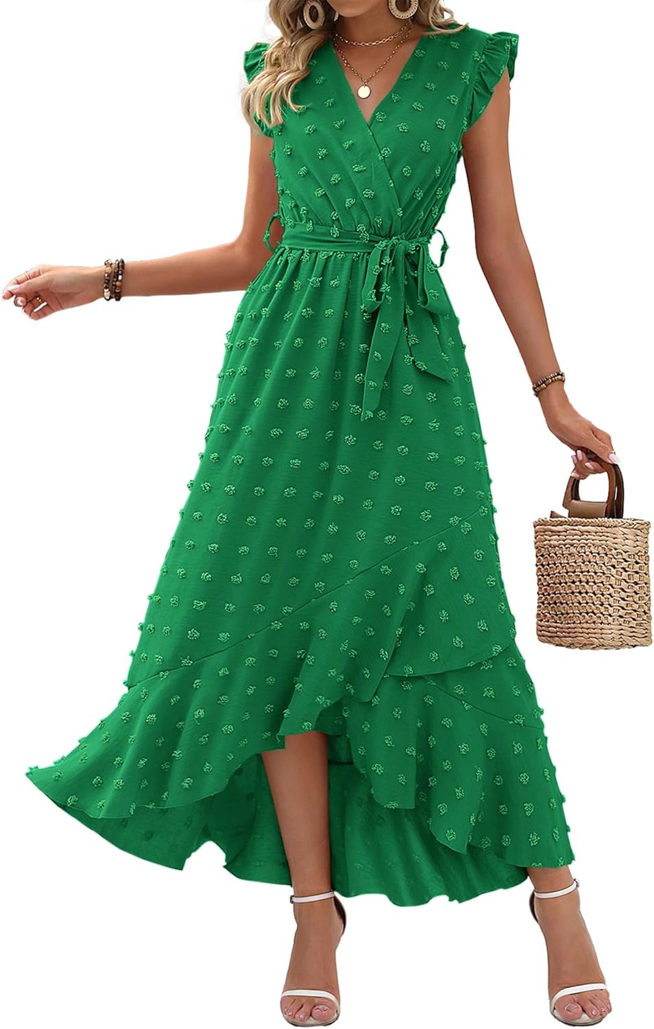 BTFBM Women V Neck Summer Dress Boho Flowy Ruffle Maxi