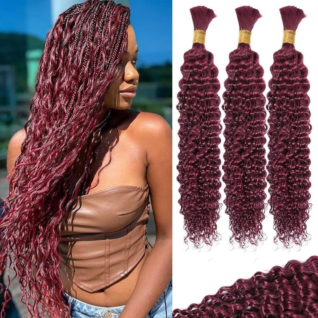 12A 99J Burgundy Red Human Braiding Hair for Boho Styles