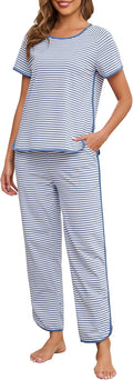 Womens Cotton Stripe 2 Piece Pajama Set - Short Sleeve Lounge