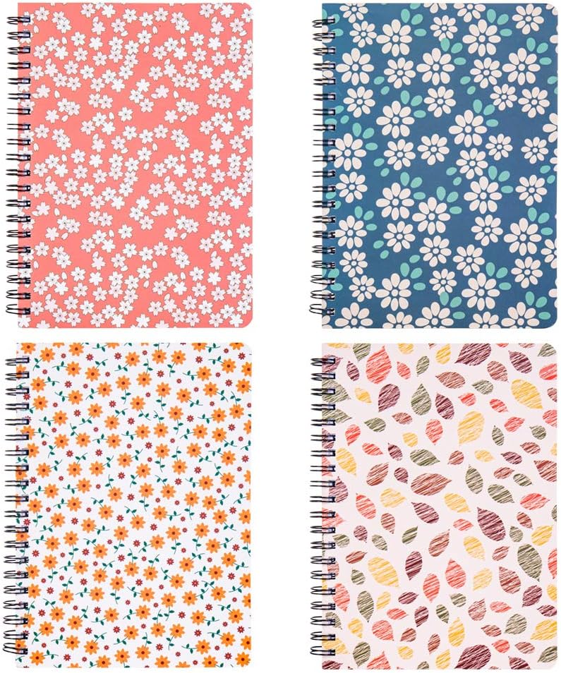 SUUYOO 4 Pack Cute Floral Notebooks - College Ruled, Hardcover, Inner Pocket