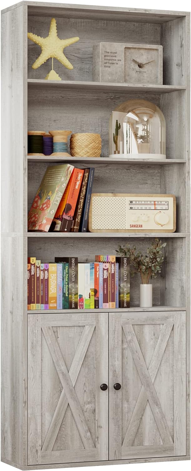 Industrial 6-Tier Bookcase with Doors for Home Office and Living Room