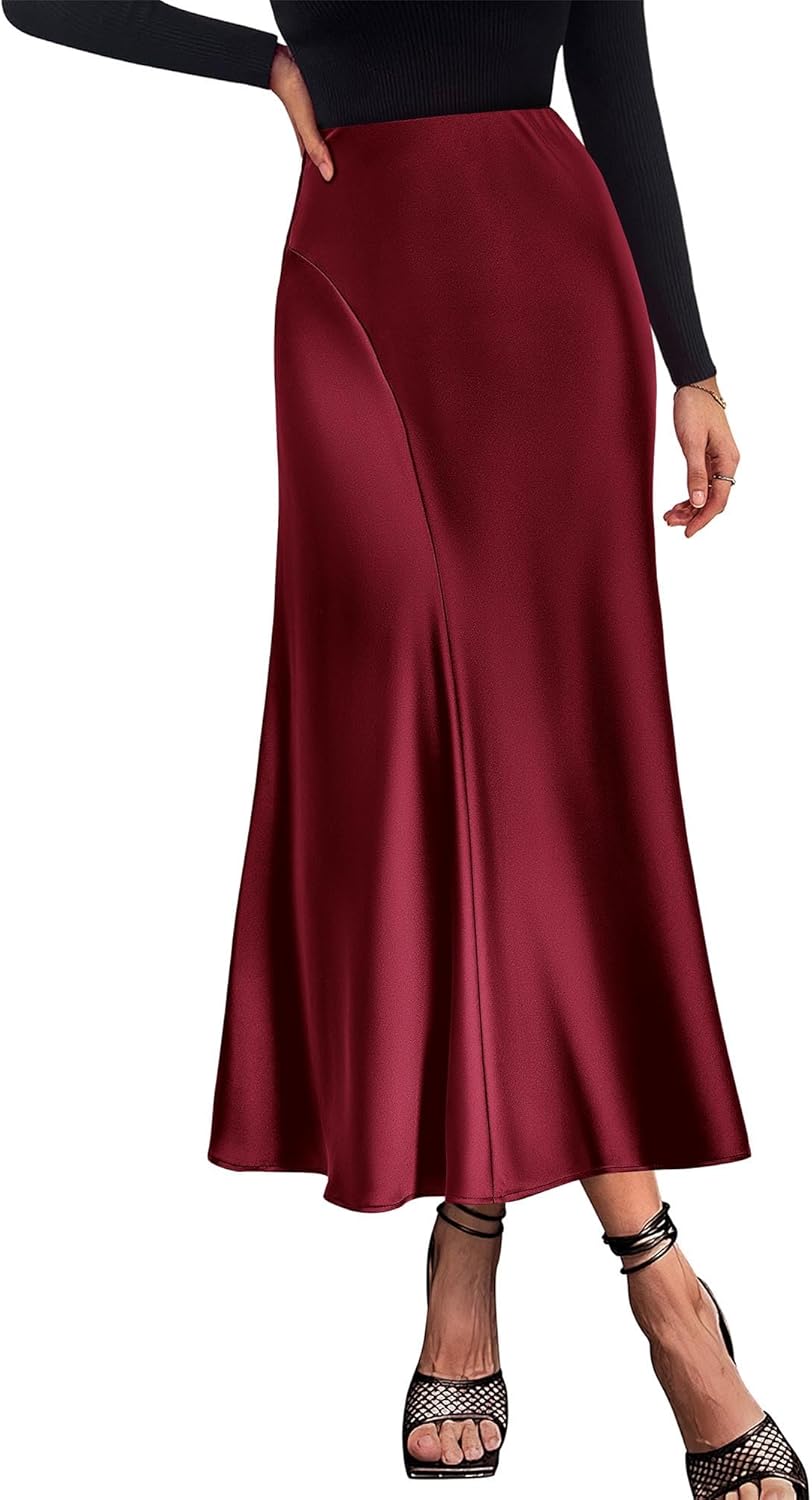 KIRUNDO Women's Satin Elastic High Waisted Maxi Skirt for All